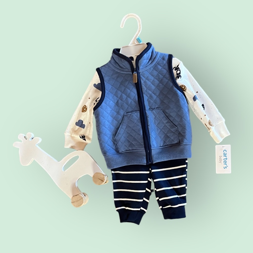 Carter’s 3 Piece Outfit- Space Shirt, Vest, Striped Pants